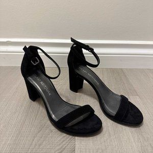 Stuart Weitzman NearlyNude Black Suede Heeled Strap Sandal
